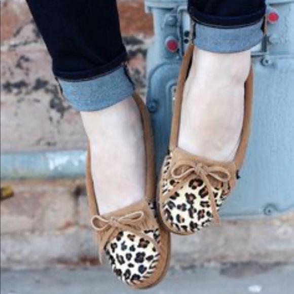 Minnetonka Shoes - Minnetonka Leopard Kilty Taupe Moccasins